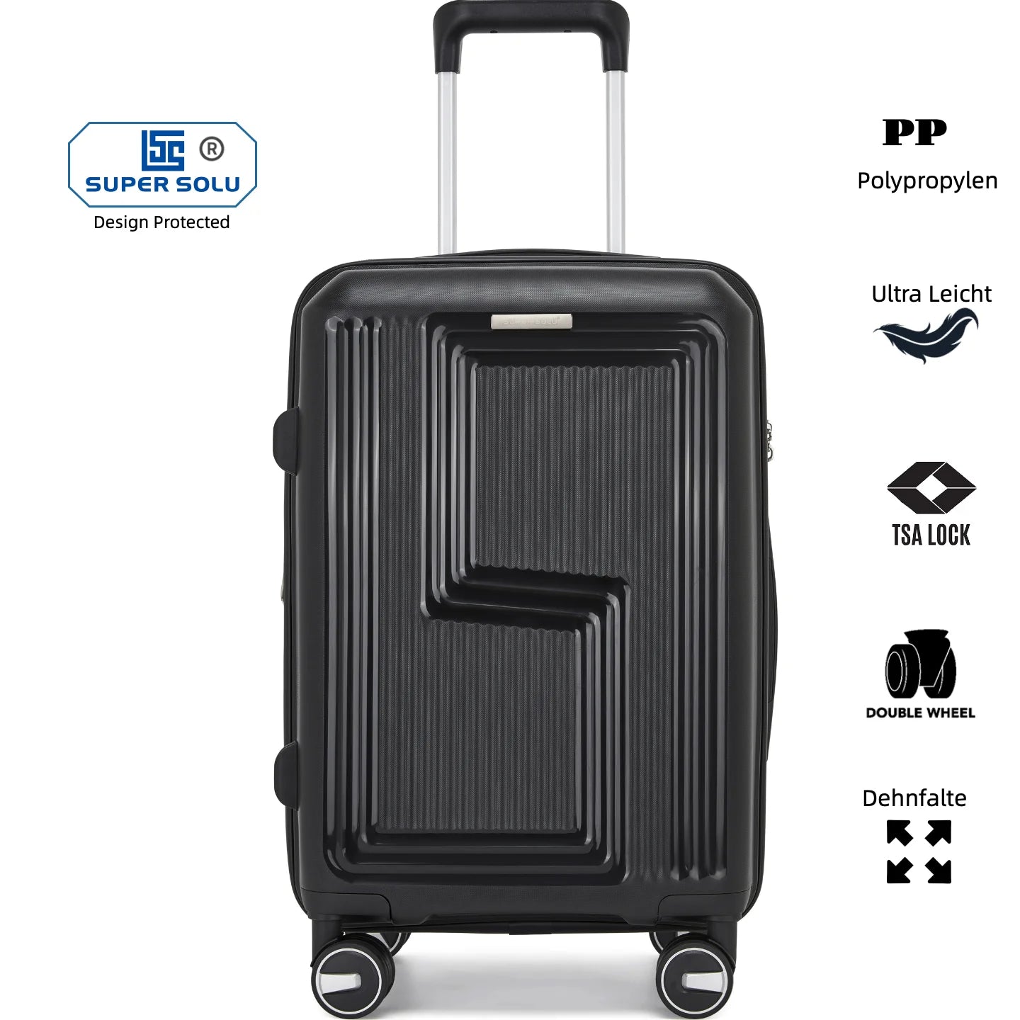 SUPER SOLU Hardshell Trolley Hand Luggage Suitcase PP Polypropylene, Expandable Hardshell Suitcase, Light Gray, 4 Double Wheels, Lightweight & Durable, TSA Combination Lock – Shipped from Germany