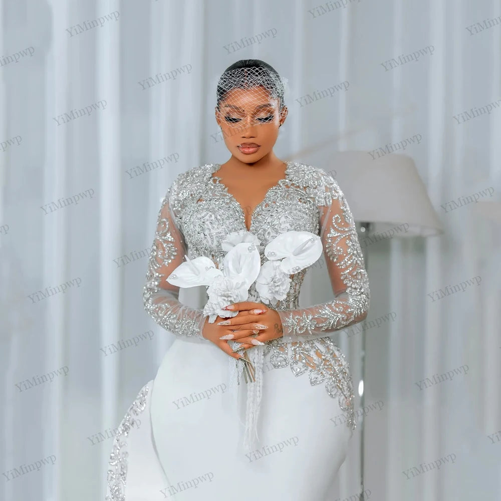 2026 Civil Mermaid Wedding Dresses for Women Bride Long Sleeves Rhinestone Tea Length Aso Ebi Bridal Reception Gowns Customized