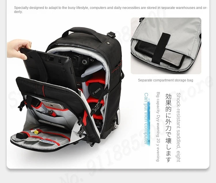 Multifunctional Rolling Camera Bag Double-shoulder Camera Bag Rolling Carry-on Suitcase Waterproof Video Camera Luggage