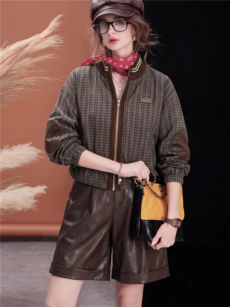 Women Plaid Jacket Vintage Stand Collar Bomber Jacket Leather Patchwork Loose Fit Zip Up Casual Streetwear Outerwear