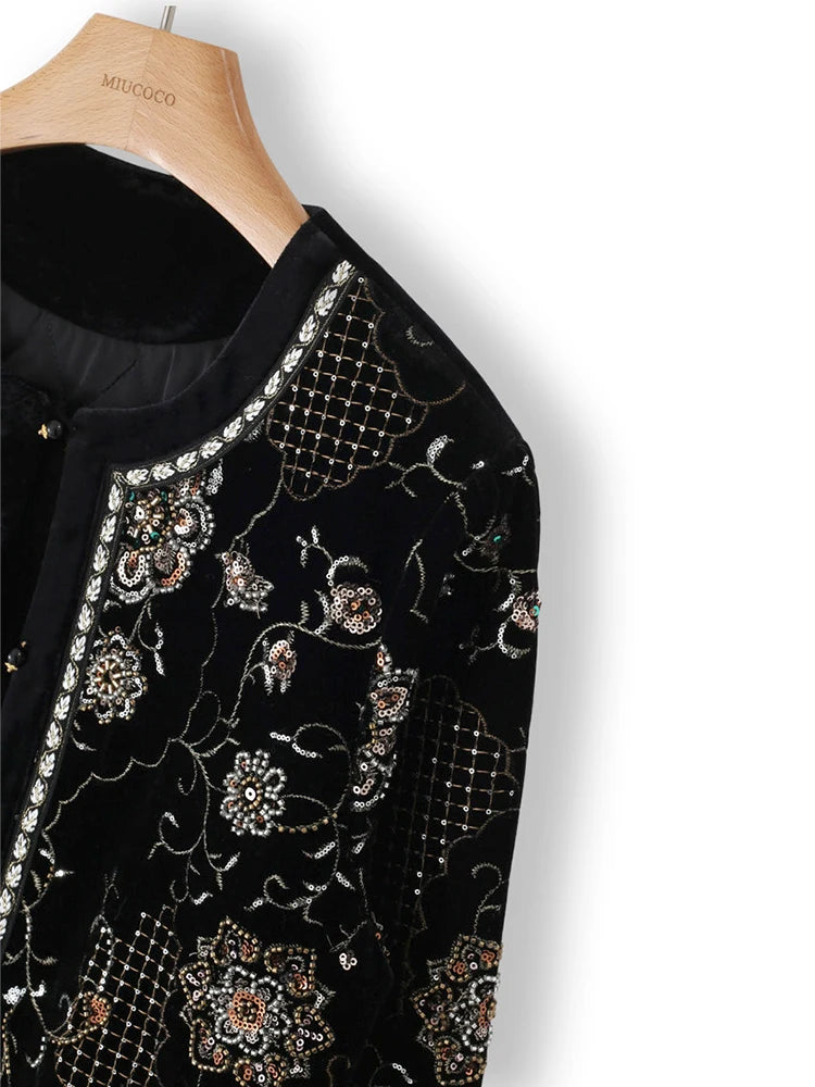 Women Vintage Velvet Jacket Embroidered Sequin Floral Coat Luxury Beaded Short Outerwear Elegant Evening Party Fashion