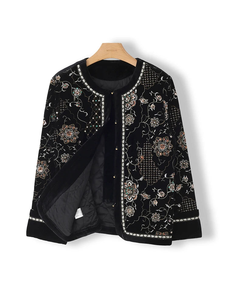 Women Vintage Velvet Jacket Embroidered Sequin Floral Coat Luxury Beaded Short Outerwear Elegant Evening Party Fashion
