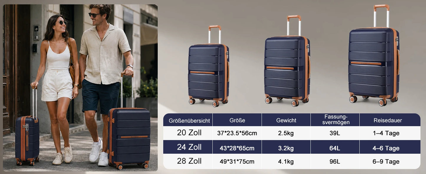 British Traveller 3 Piece Case Set 100% PP 8 Spinner Wheels TSA Lock Hard-Shell hand luggage Dark Blue