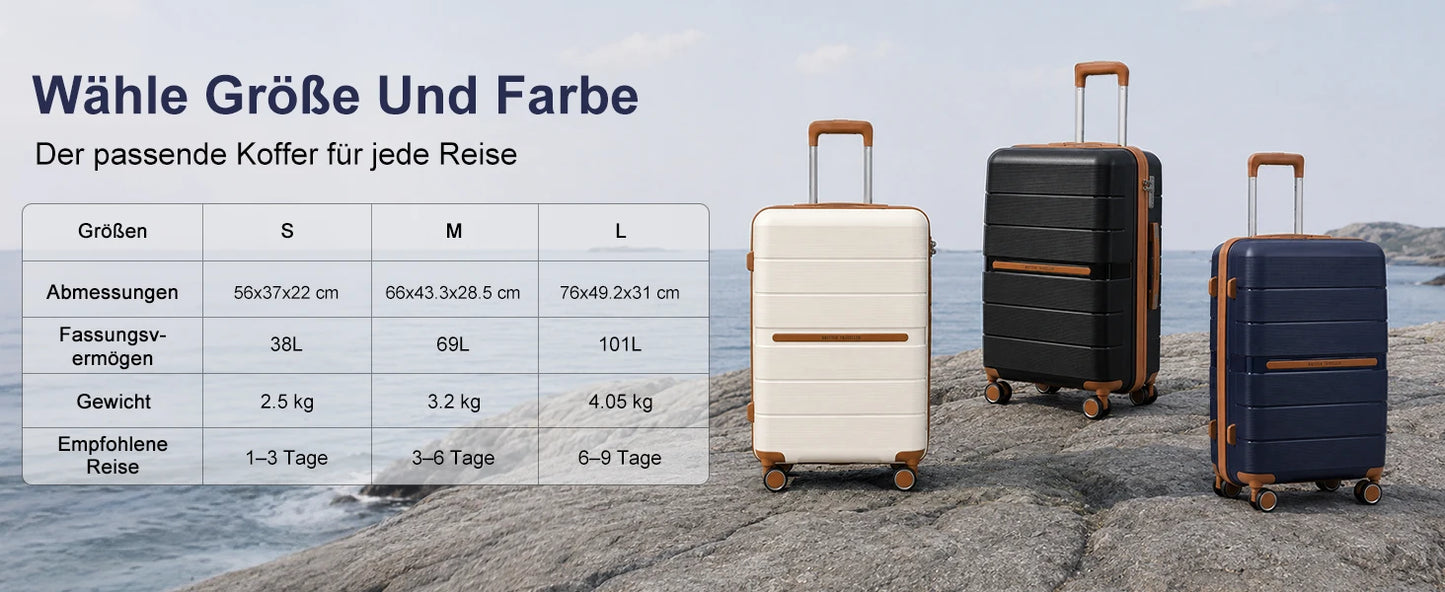 British Traveller 3 Piece Case Set 100% PP 8 Spinner Wheels TSA Lock Hard-Shell hand luggage Dark Blue