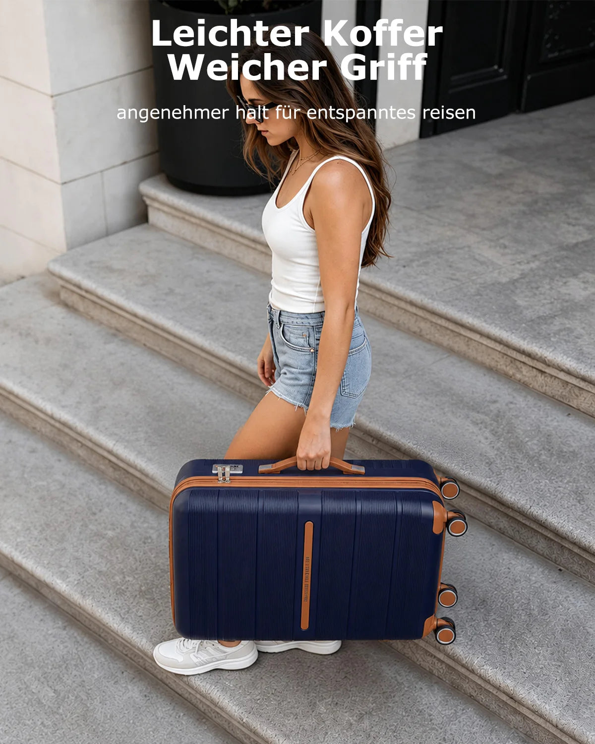 British Traveller 3 Piece Case Set 100% PP 8 Spinner Wheels TSA Lock Hard-Shell hand luggage Dark Blue