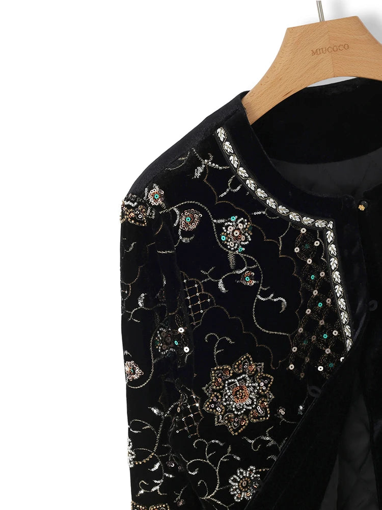 Women Vintage Velvet Jacket Embroidered Sequin Floral Coat Luxury Beaded Short Outerwear Elegant Evening Party Fashion