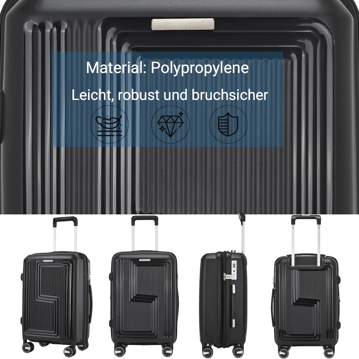 SUPER SOLU Hardshell Trolley Hand Luggage Suitcase PP Polypropylene, Expandable Hardshell Suitcase, Light Gray, 4 Double Wheels, Lightweight & Durable, TSA Combination Lock – Shipped from Germany