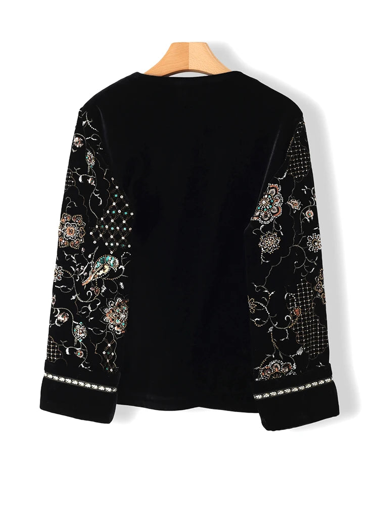 Women Vintage Velvet Jacket Embroidered Sequin Floral Coat Luxury Beaded Short Outerwear Elegant Evening Party Fashion