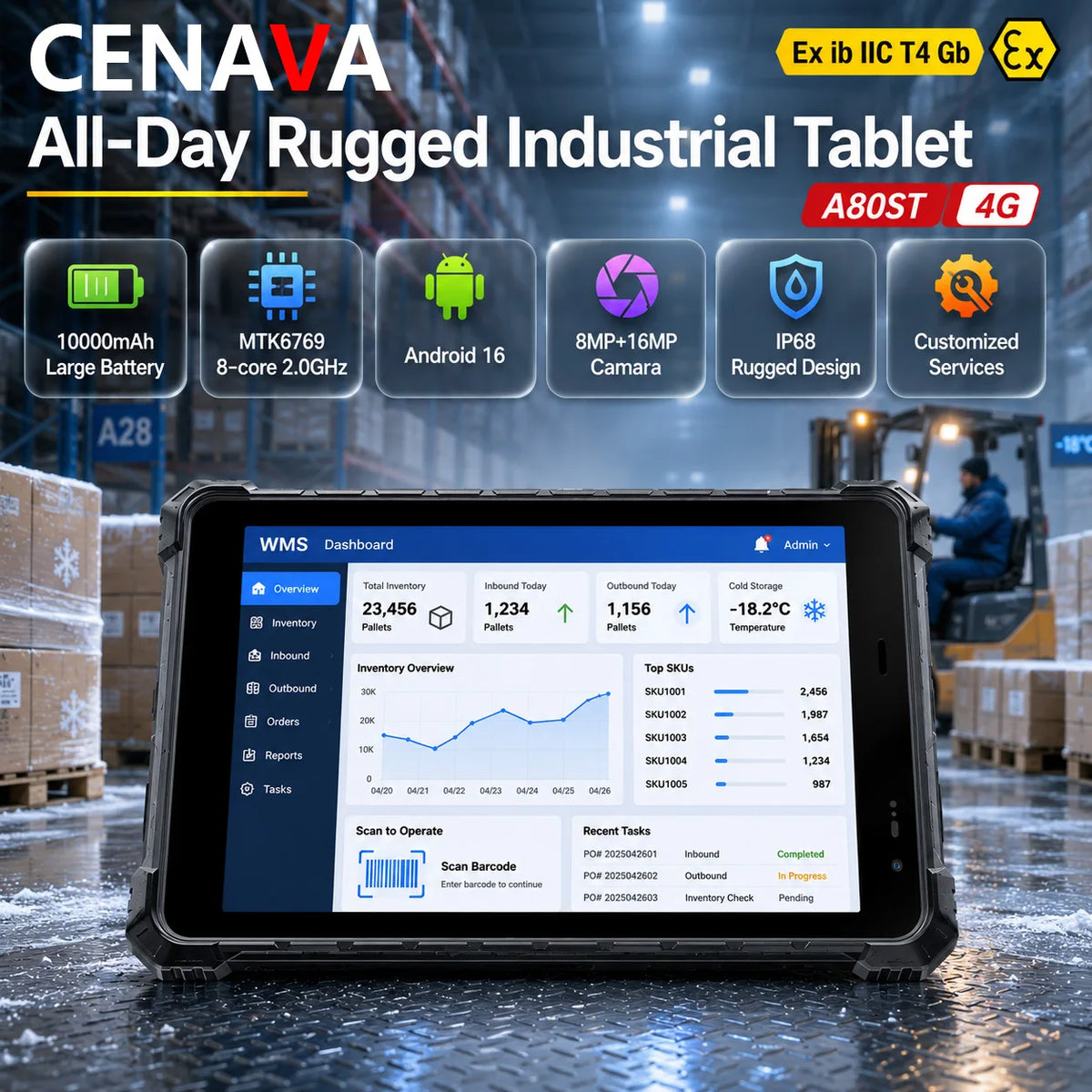 CENAVA A80ST 8inch Rugged Tablet MTK6771 Android10 10000mAh Battery IP68 Industrial Custom 5G/NFC/2D Scanner Explosion Proof