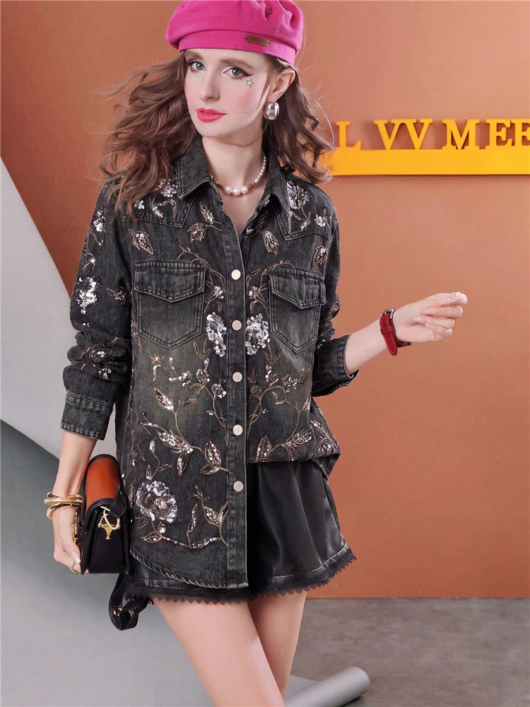 Women Embroidered Floral Sequin Denim Jacket Vintage Washed Jean Coat Luxury Casual Streetwear  Outerwear Fashion Jacket