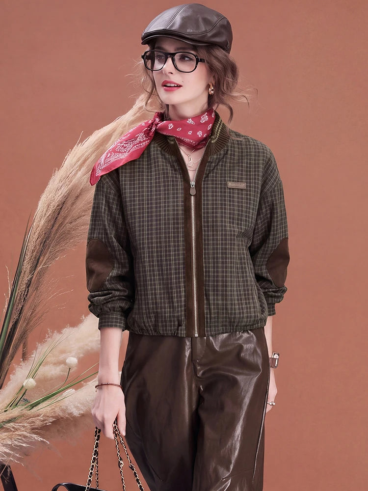 Women Plaid Jacket Vintage Stand Collar Bomber Jacket Leather Patchwork Loose Fit Zip Up Casual Streetwear Outerwear