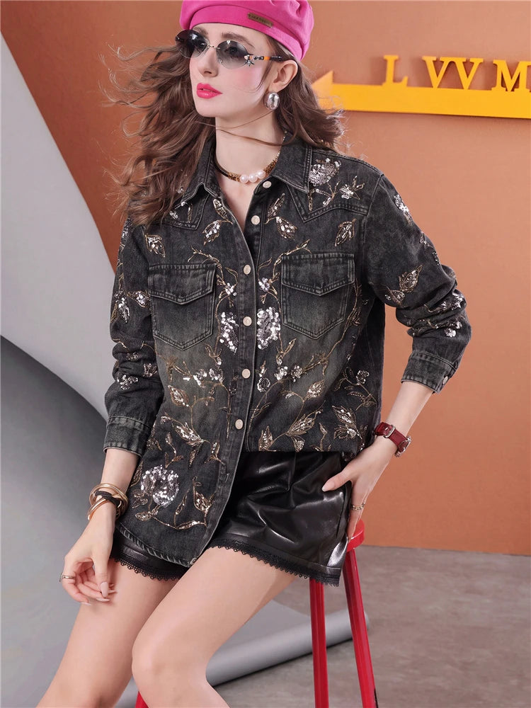 Women Embroidered Floral Sequin Denim Jacket Vintage Washed Jean Coat Luxury Casual Streetwear  Outerwear Fashion Jacket
