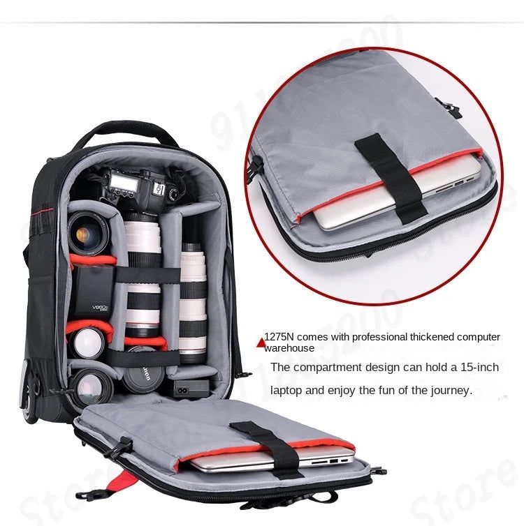 Multifunctional Rolling Camera Bag Double-shoulder Camera Bag Rolling Carry-on Suitcase Waterproof Video Camera Luggage