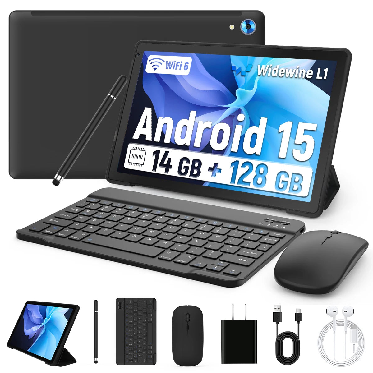 BUFO Tablet,10" Android 15 Tablet with Octa-core Processor 24GB RAM 128GB ROM HD IPS Touchscreen 8H Battery, Wi-Fi 6, BT 5.0, Dual Camera, Android Tablets with Keyboard Mouse Stylus Case Headphone
