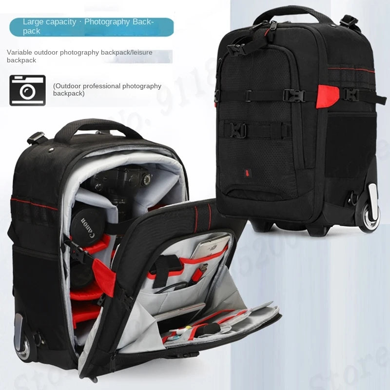 Multifunctional Rolling Camera Bag Double-shoulder Camera Bag Rolling Carry-on Suitcase Waterproof Video Camera Luggage
