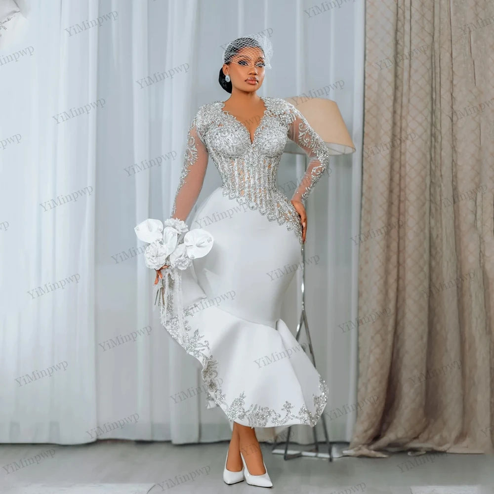 2026 Civil Mermaid Wedding Dresses for Women Bride Long Sleeves Rhinestone Tea Length Aso Ebi Bridal Reception Gowns Customized