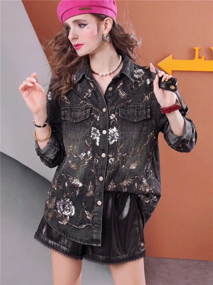 Women Embroidered Floral Sequin Denim Jacket Vintage Washed Jean Coat Luxury Casual Streetwear  Outerwear Fashion Jacket
