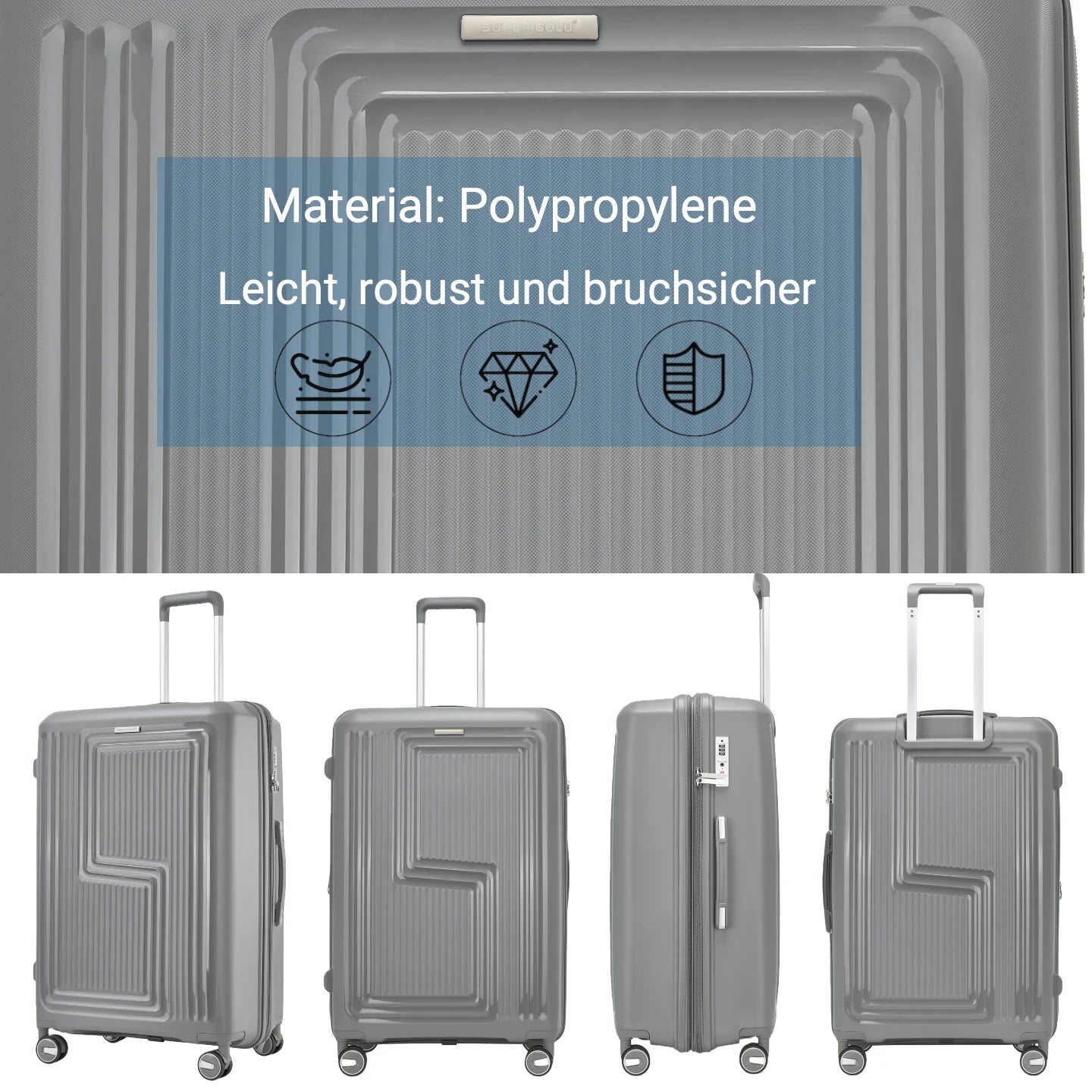 SUPER SOLU Hardshell Trolley Hand Luggage Suitcase PP Polypropylene, Expandable Hardshell Suitcase, Light Gray, 4 Double Wheels, Lightweight & Durable, TSA Combination Lock – Shipped from Germany
