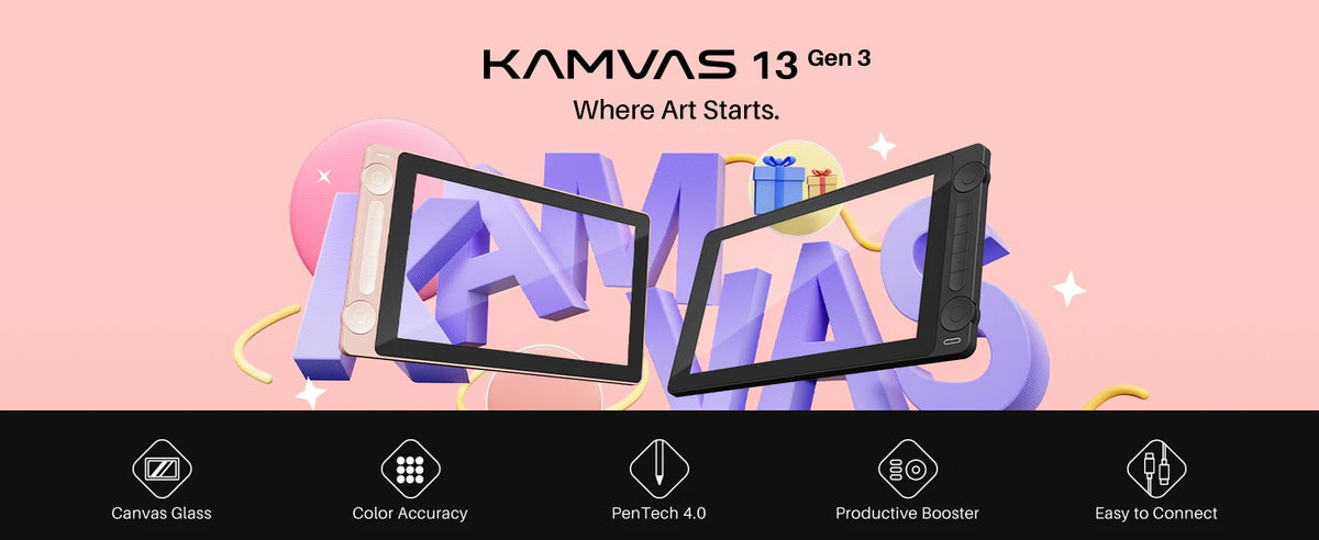 Huion Kamvas 13 (Gen 3) Graphics Tablet with Screen Pentech 4.0 16K Levels Pressure Pen Display Dual Dials 5 Press Keys