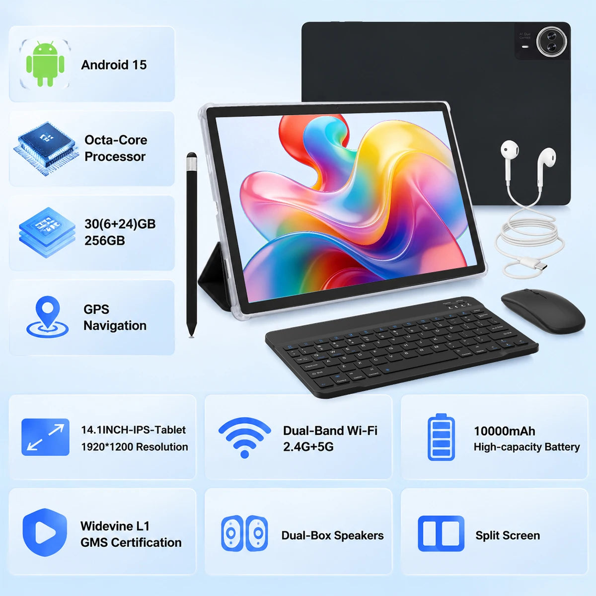 2026 new G140L 14.1 Inch Octa‑Core Android 15 Tablet 30(6+24)GB RAM 256GB ROM 1920*1200 HD Display 10000mAh Battery Widevine L1 With Keyboard Mouse Stylus Earbuds Protective Case PD30W Charger Full Bundle US Warehouse