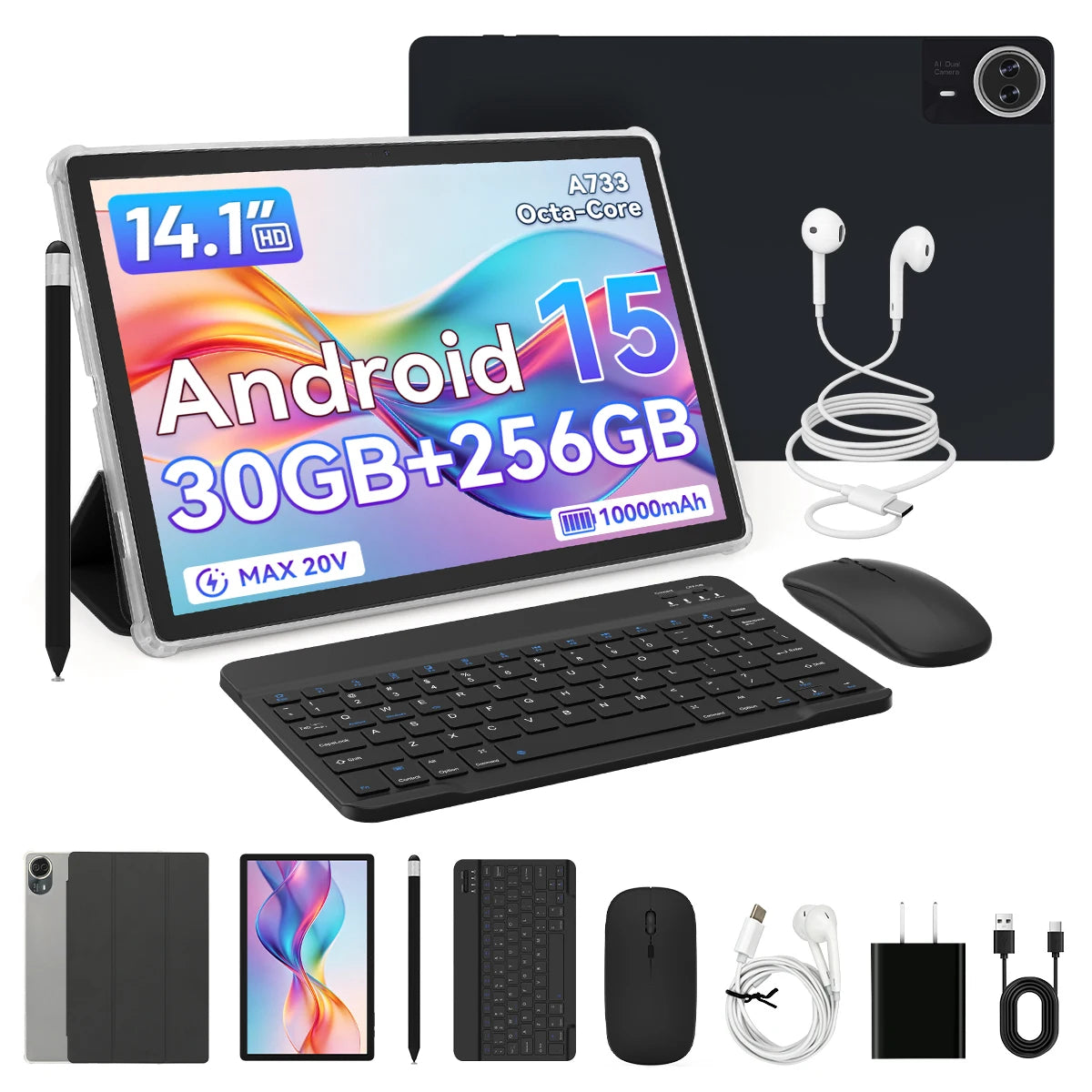 2026 new G140L 14.1 Inch Octa‑Core Android 15 Tablet 30(6+24)GB RAM 256GB ROM 1920*1200 HD Display 10000mAh Battery Widevine L1 With Keyboard Mouse Stylus Earbuds Protective Case PD30W Charger Full Bundle US Warehouse