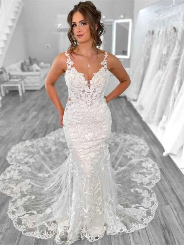 Boho Mermaid Wedding Dresses for Women  Open Back V-Neck Lace Spaghetti Strap Bridal Gown Vestidos De Novia Customized