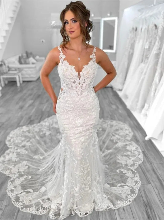 Boho Mermaid Wedding Dresses for Women  Open Back V-Neck Lace Spaghetti Strap Bridal Gown Vestidos De Novia Customized