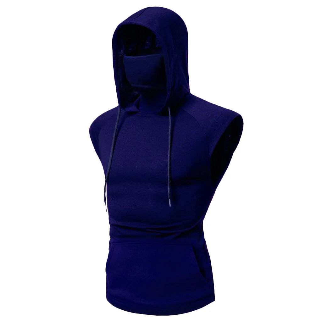 Mens Gym Hoodie Sleeveless with Mask Sweatshirt Hoodies Casual Splice Large Open-Forked Male Clothing Mask Button Sports Hooded
