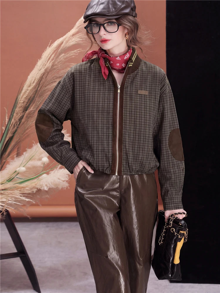 Women Plaid Jacket Vintage Stand Collar Bomber Jacket Leather Patchwork Loose Fit Zip Up Casual Streetwear Outerwear