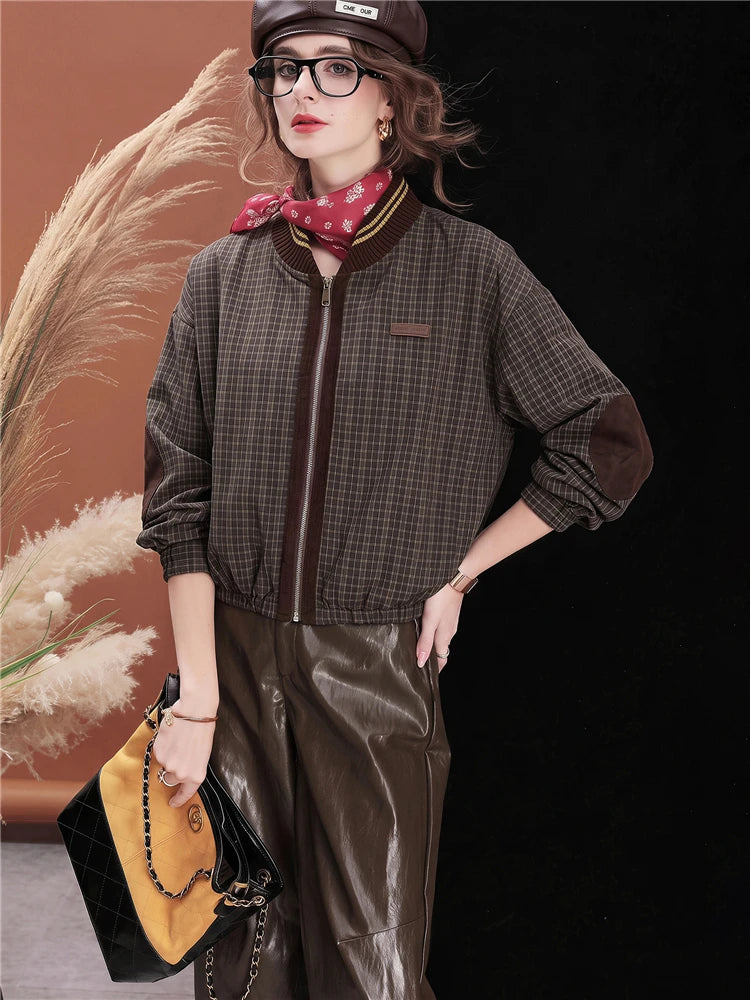 Women Plaid Jacket Vintage Stand Collar Bomber Jacket Leather Patchwork Loose Fit Zip Up Casual Streetwear Outerwear