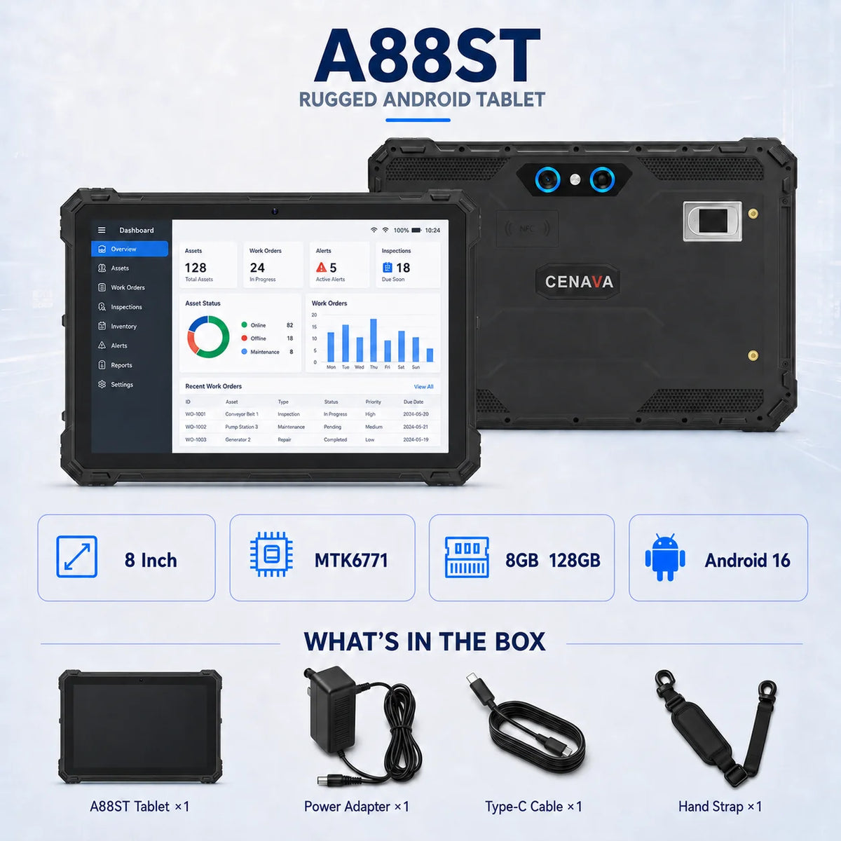 CENAVA A88ST 8 Inch Rugged Android Tablet PC 8GB 128GB  IP68 4G LTE GPS 10000mAh Waterproof Warehouse Drop Rugged Tablet Bulk