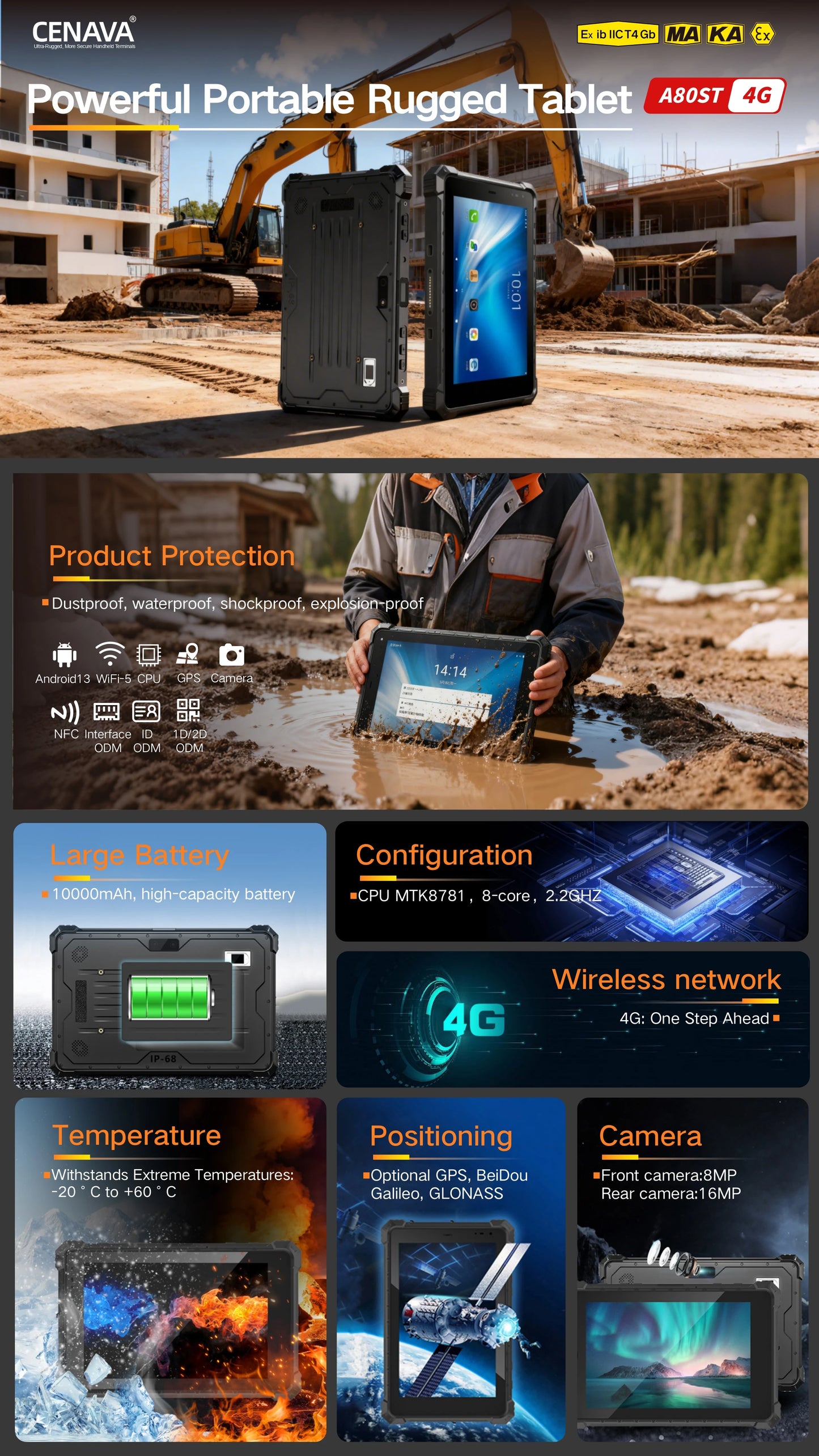 CENAVA A80ST 8inch Rugged Tablet MTK6771 Android10 10000mAh Battery IP68 Industrial Custom 5G/NFC/2D Scanner Explosion Proof