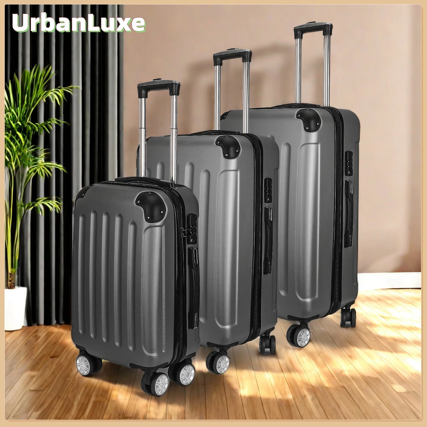 Urban Luxe 3-Piece ABS Material Outdoor Luggage suitcase Trolley Set Dark Grey