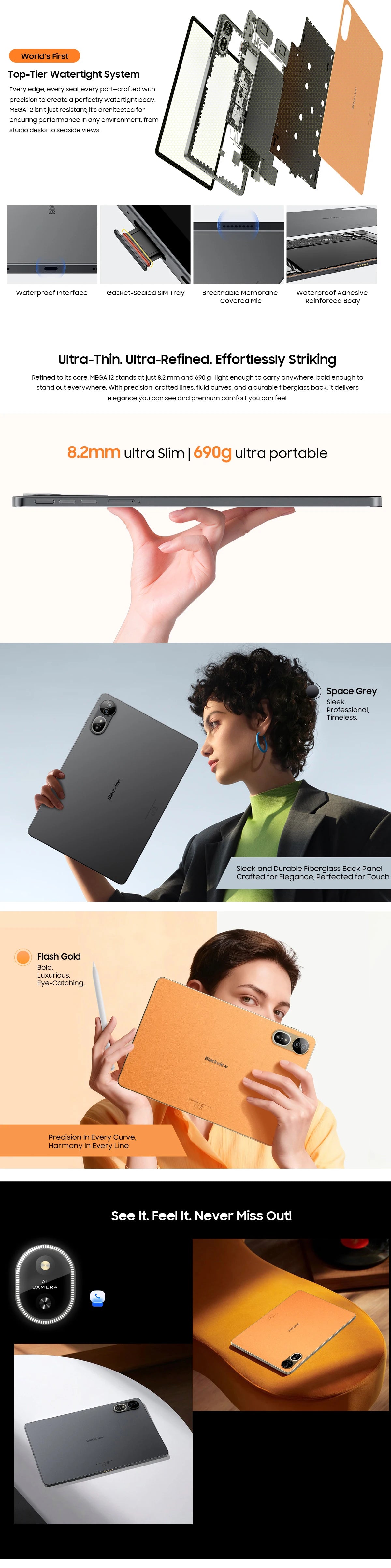 Blackview MEGA 12 Tablet Android 16 5G 12.2" 2.4K 120Hz Display Dimensity 7200 CPU IP69K Waterproof 50MP Cameras 10000mAh Pad PC