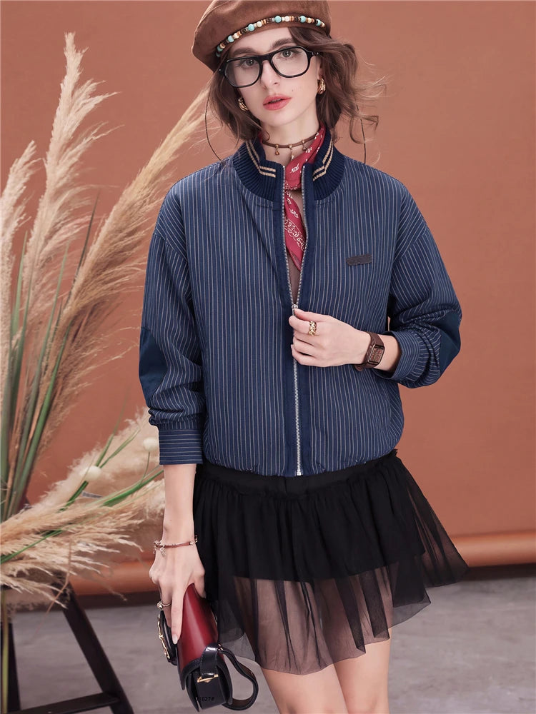 Women Plaid Jacket Vintage Stand Collar Bomber Jacket Leather Patchwork Loose Fit Zip Up Casual Streetwear Outerwear