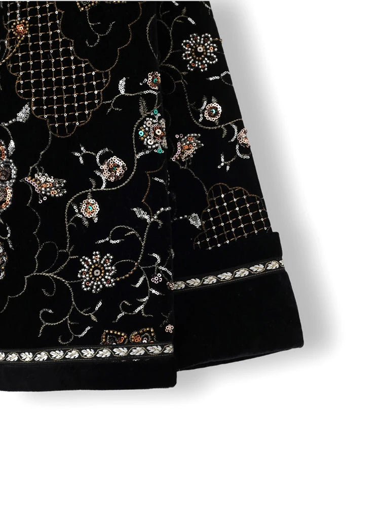 Women Vintage Velvet Jacket Embroidered Sequin Floral Coat Luxury Beaded Short Outerwear Elegant Evening Party Fashion