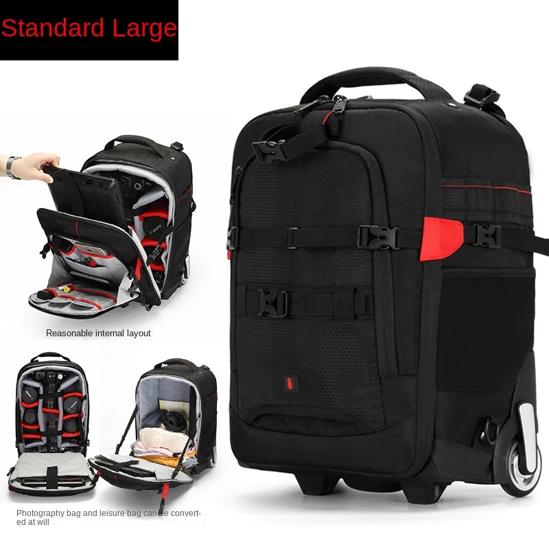 Multifunctional Rolling Camera Bag Double-shoulder Camera Bag Rolling Carry-on Suitcase Waterproof Video Camera Luggage