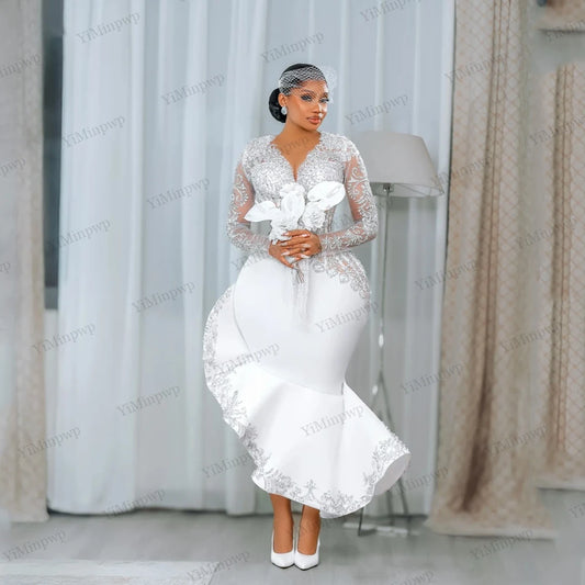 2026 Civil Mermaid Wedding Dresses for Women Bride Long Sleeves Rhinestone Tea Length Aso Ebi Bridal Reception Gowns Customized