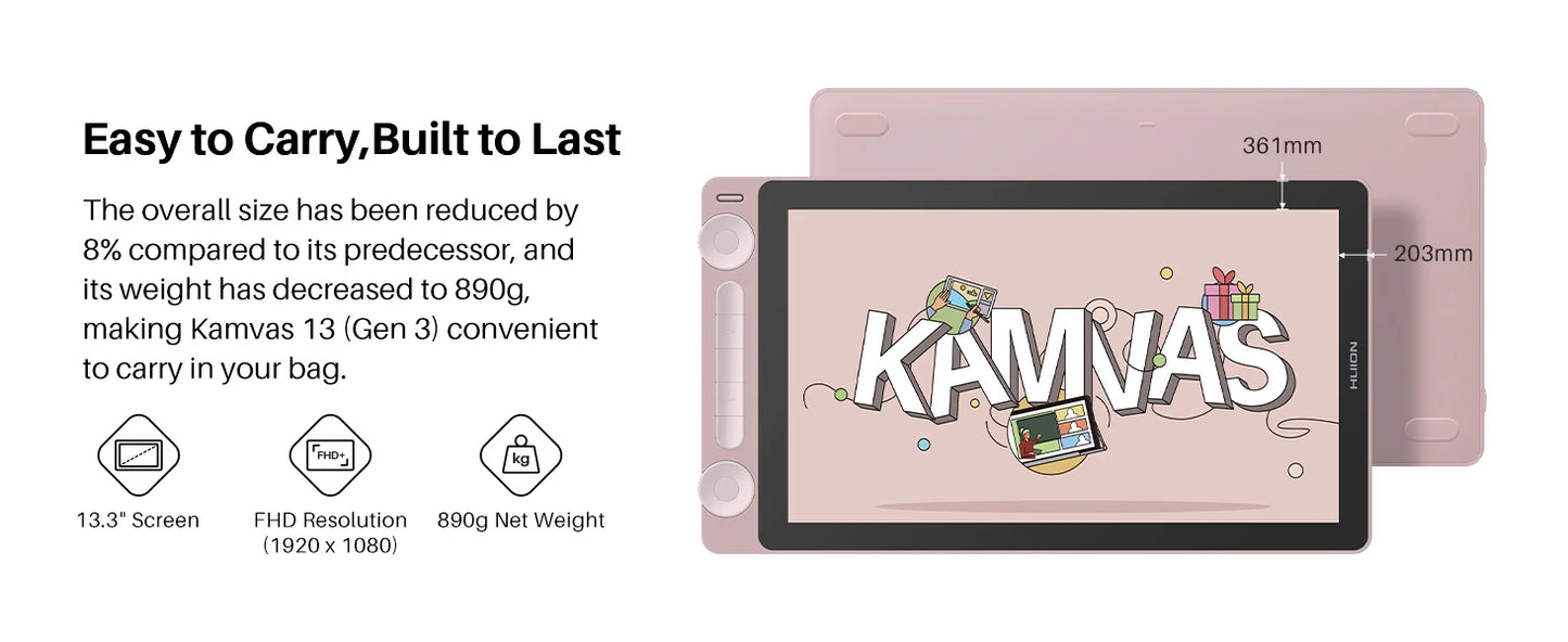 Huion Kamvas 13 (Gen 3) Graphics Tablet with Screen Pentech 4.0 16K Levels Pressure Pen Display Dual Dials 5 Press Keys
