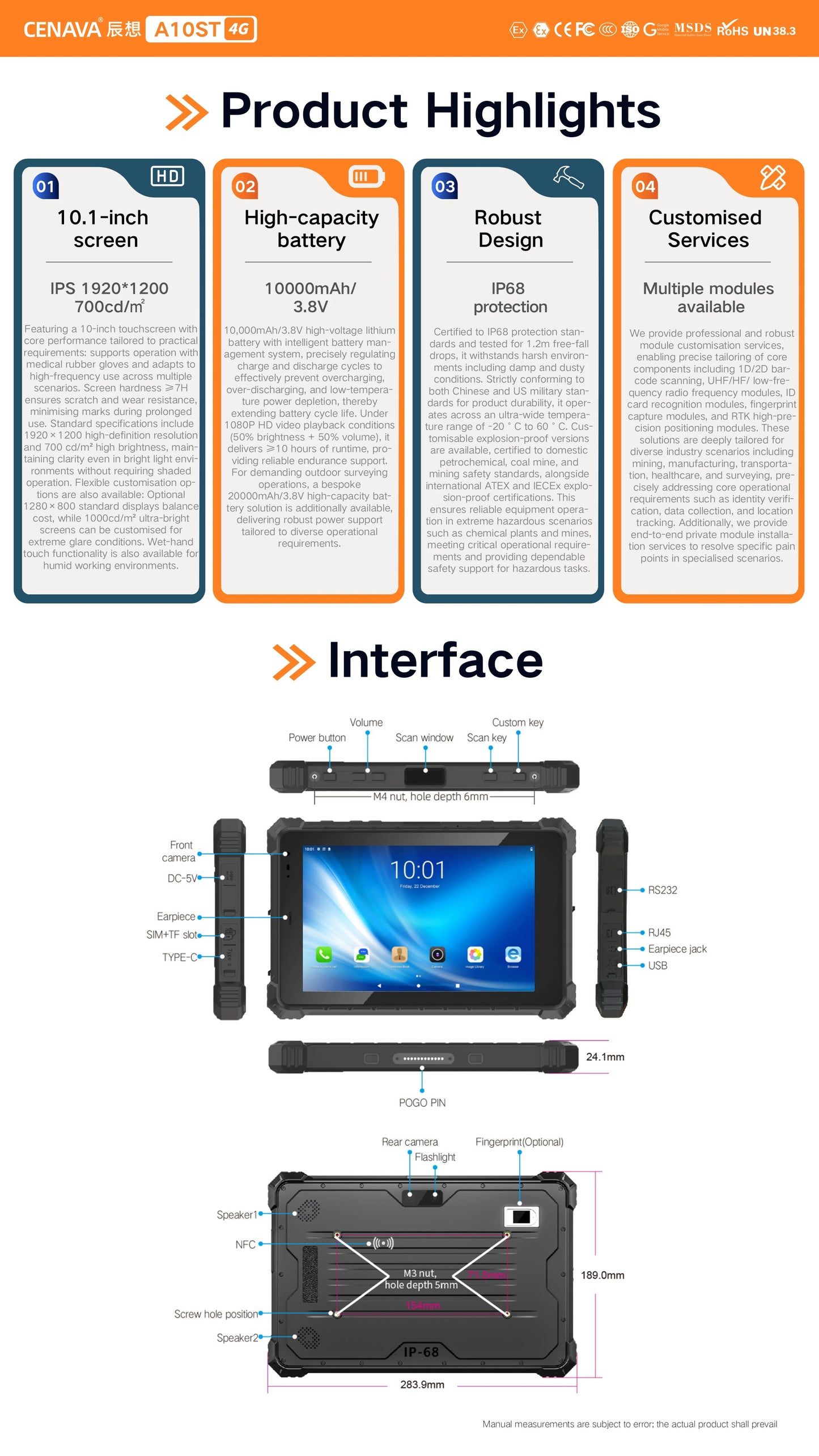 CENAVA A10ST 10.1inch Rugged Tablet MTK6771 Android10 4G NFC WiFi BT IP68 Industrial Custom ID/UHF/2D Scanner Explosion Proof