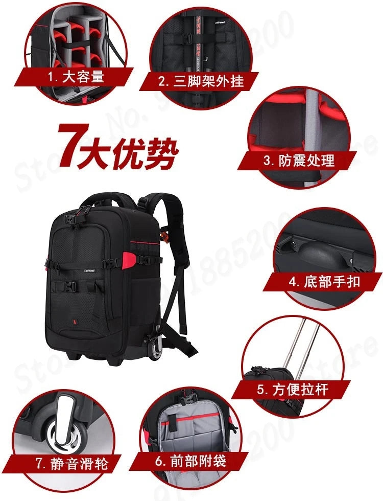 Multifunctional Rolling Camera Bag Double-shoulder Camera Bag Rolling Carry-on Suitcase Waterproof Video Camera Luggage