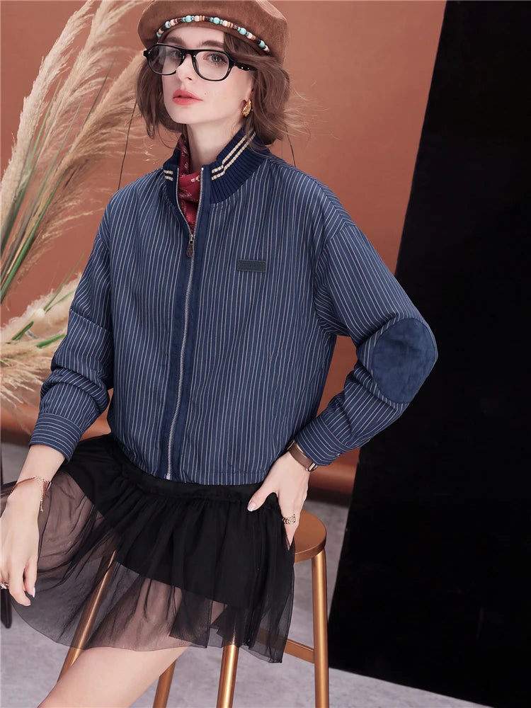 Women Plaid Jacket Vintage Stand Collar Bomber Jacket Leather Patchwork Loose Fit Zip Up Casual Streetwear Outerwear