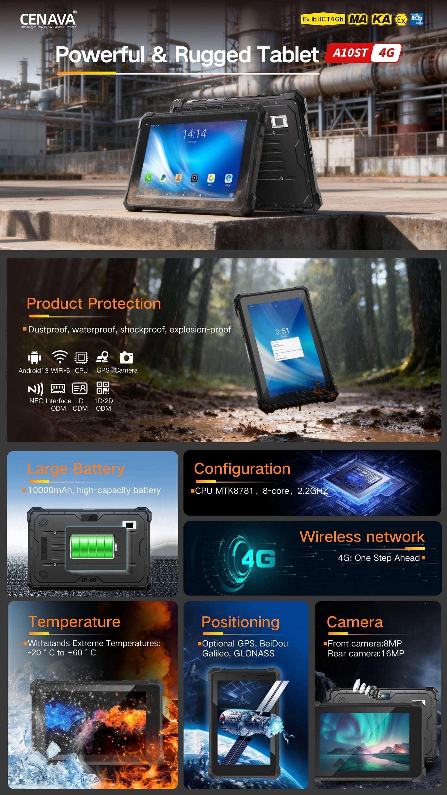 CENAVA A10ST 10.1inch Rugged Tablet MTK6771 Android10 4G NFC WiFi BT IP68 Industrial Custom ID/UHF/2D Scanner Explosion Proof