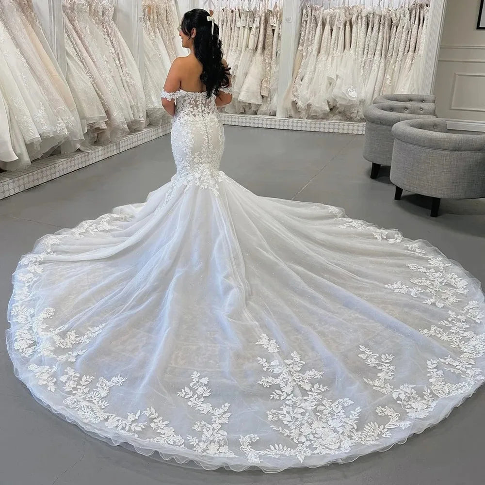 Stunning Mermaid Wedding Dresses Sweetheart Off the Shoulder Floral Print Draped Bridal Gown Vestido de Novia Customized