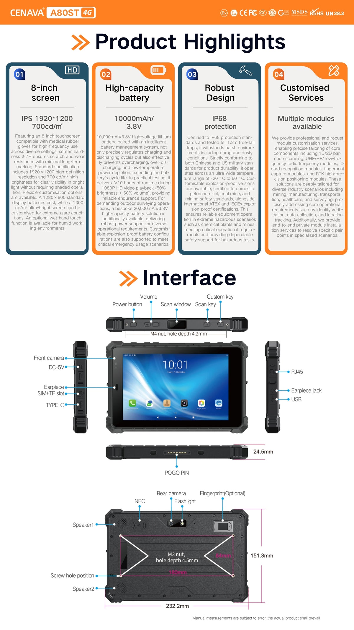 CENAVA A80ST 8inch Rugged Tablet MTK6771 Android10 10000mAh Battery IP68 Industrial Custom 5G/NFC/2D Scanner Explosion Proof