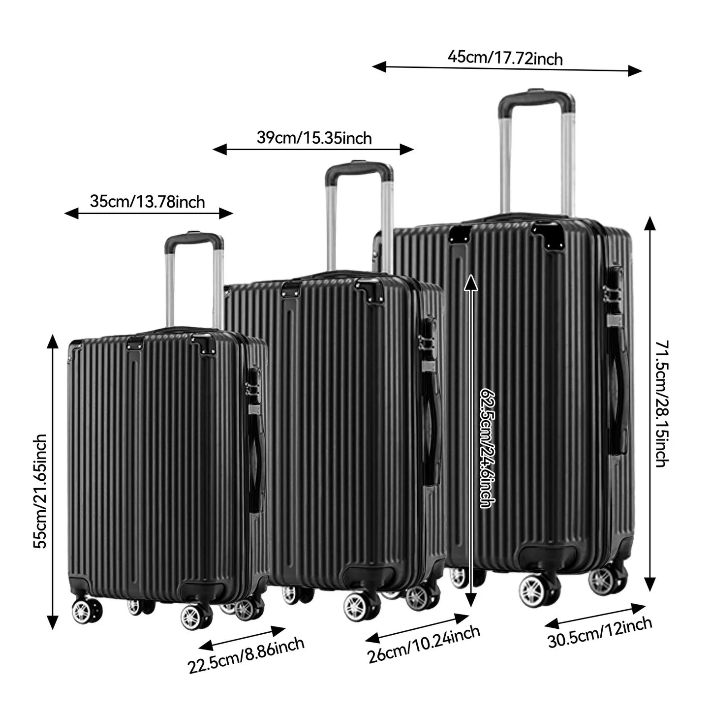 Rosahqnda 3-Piece TSA Lock ABS Black suitcase Hardshell Trolley Case M/L/XL Set