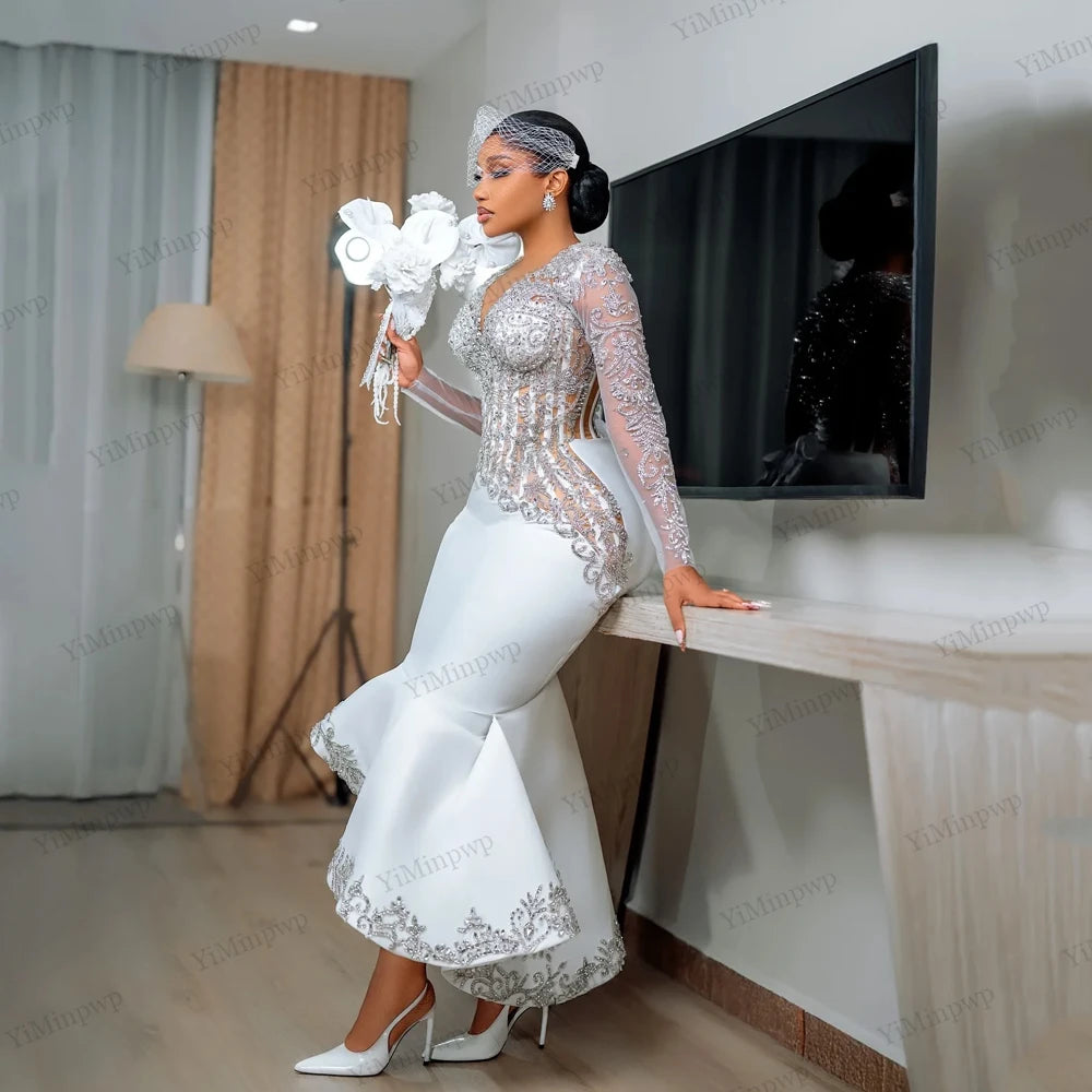 2026 Civil Mermaid Wedding Dresses for Women Bride Long Sleeves Rhinestone Tea Length Aso Ebi Bridal Reception Gowns Customized