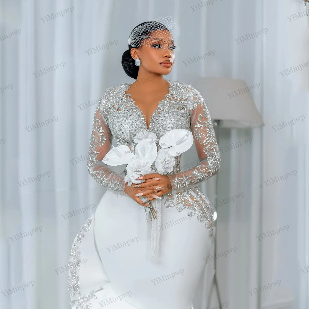 2026 Civil Mermaid Wedding Dresses for Women Bride Long Sleeves Rhinestone Tea Length Aso Ebi Bridal Reception Gowns Customized
