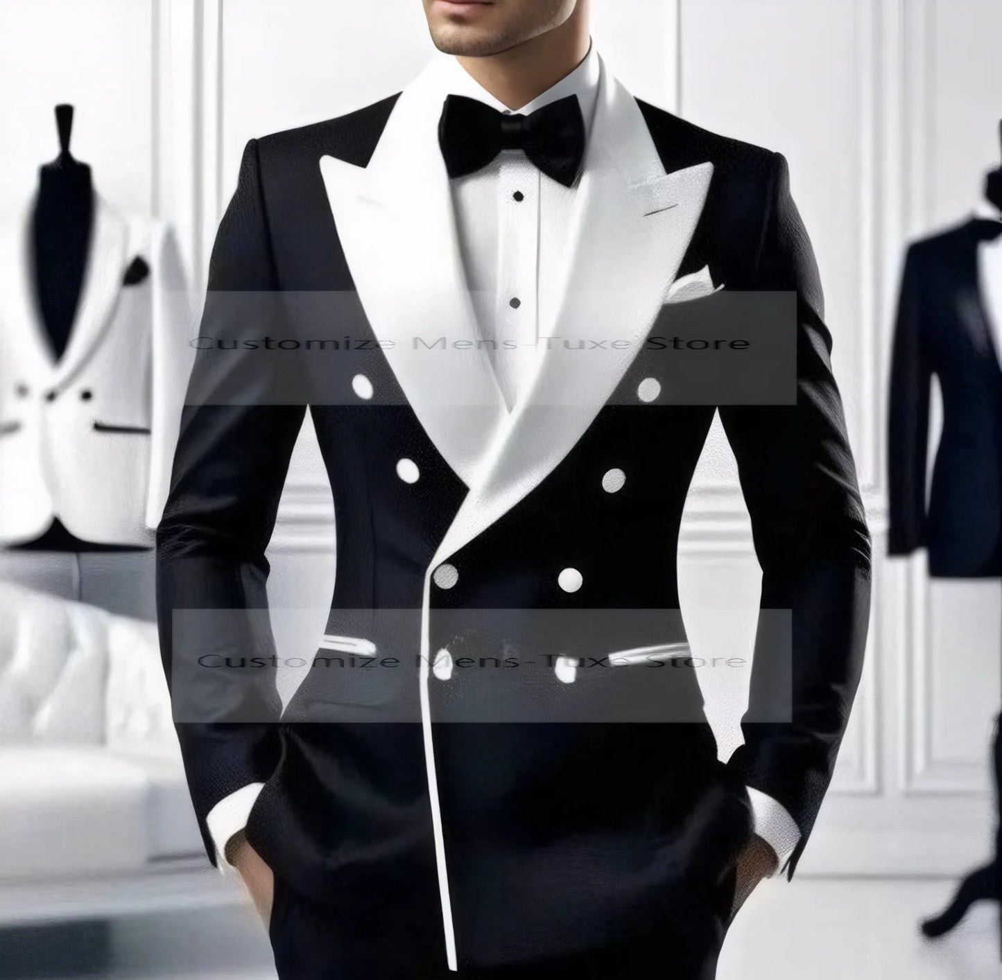 White Lapel Black Formal Occasion Men Suit Groom Groomsman Wedding Party Prom Business Casual Tuxedos 2 Piece Set Blazer Pants