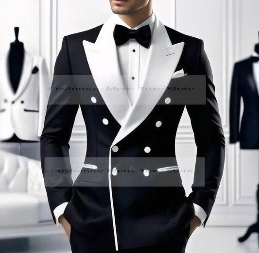 White Lapel Black Formal Occasion Men Suit Groom Groomsman Wedding Party Prom Business Casual Tuxedos 2 Piece Set Blazer Pants